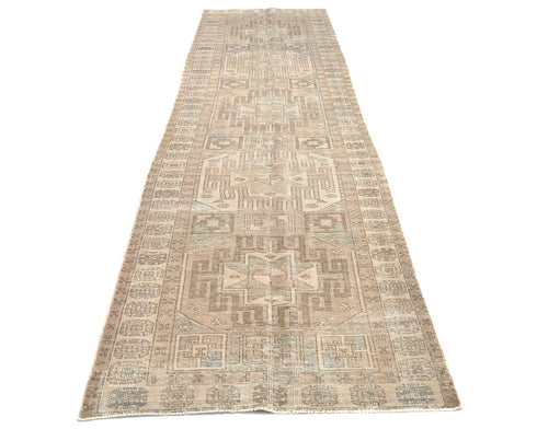 13 Ft Vintage Brown Persian Style Hand Knotted Low Pile Wool Runner Rug